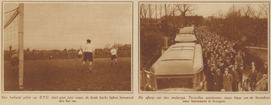 873434 Collage van 2 foto's betreffende de voetbalwedstrijd tussen B.F.C. (Bussum) en Hercules (Utrecht) in Bussum, met ...